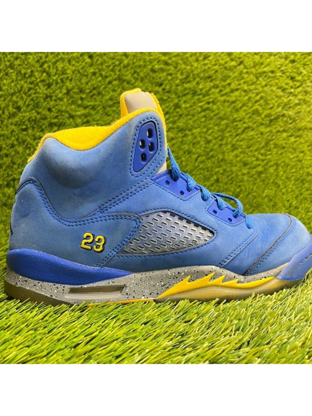Nike Air Jordan 5 Retro Boys Size 7Y Blue Yellow Gray Basketball Shoes Sneakers